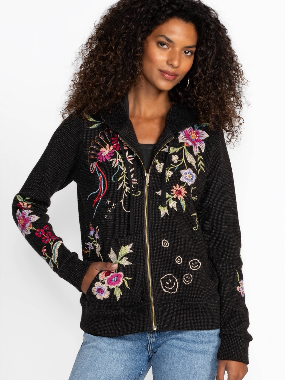 NWT Johnny Was Black Embroidered Floral Metallic Thermal Zip Hoodie, XS